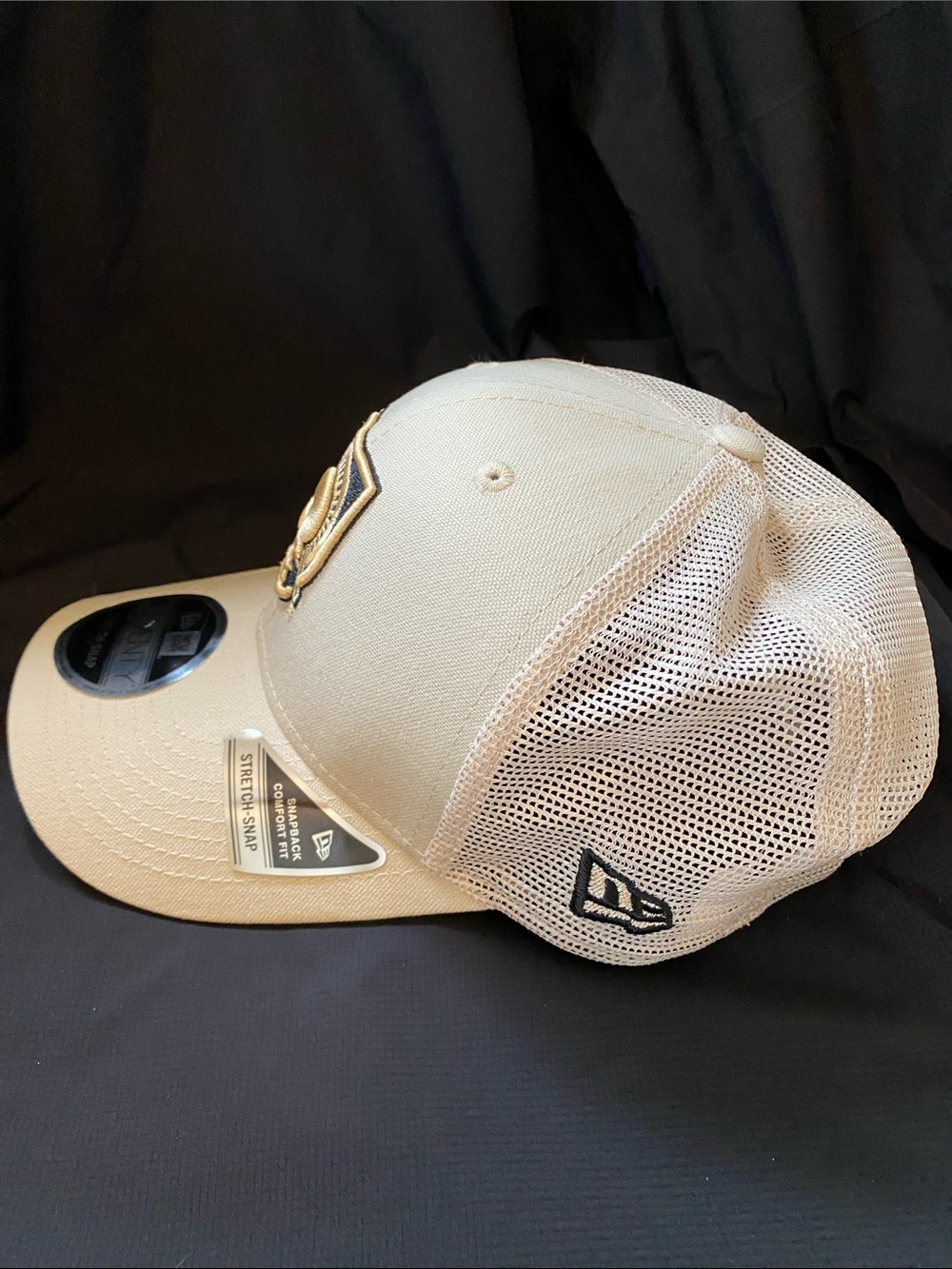 New Era Tan Trucker Cap with Black & Gold Crest Patch - Picture 2 of 6